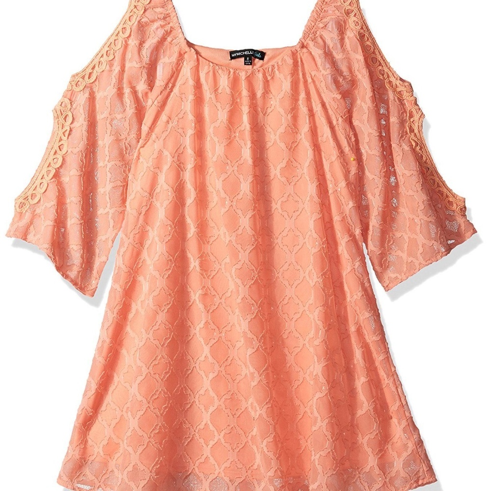 My Michelle Girls Coral Cold Shoulderā Lace Shift Swing Dress Size 7 16 NWT